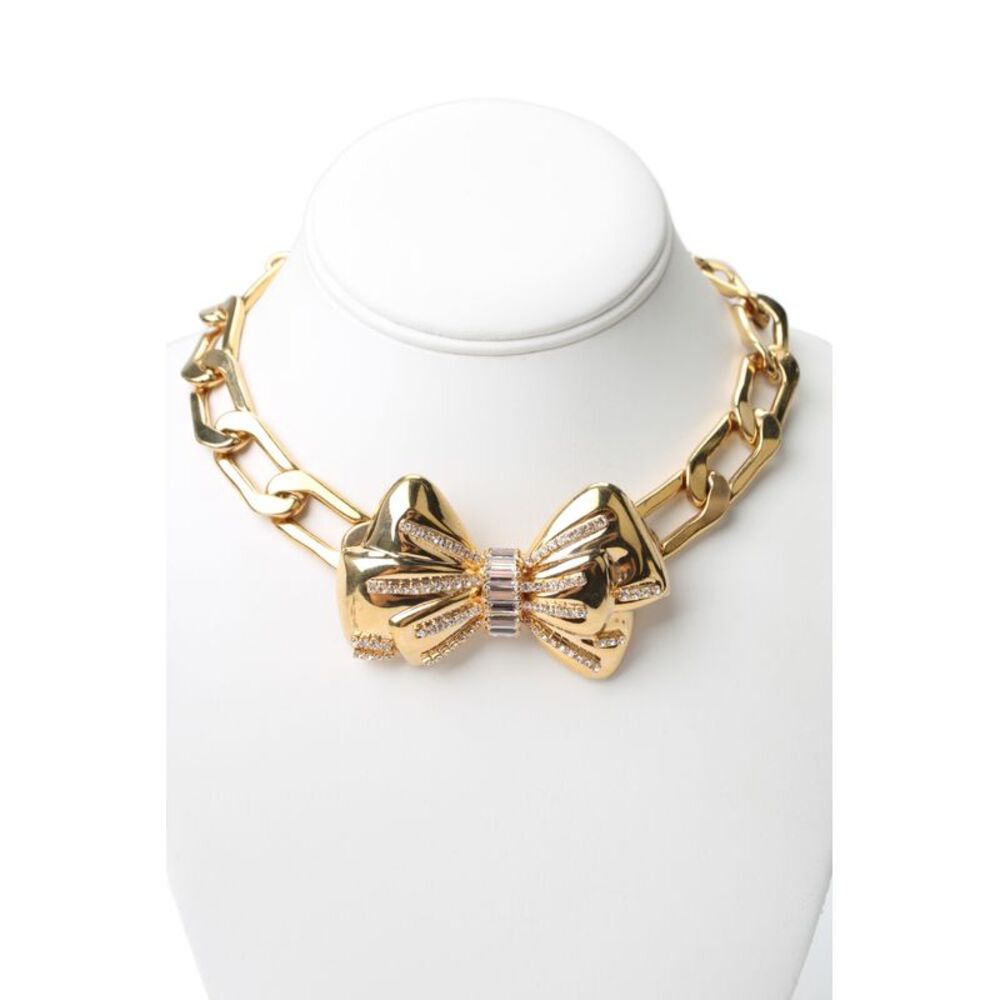 Alessandra Rich Womens Gold Tone Rhinestone Bow Statement Necklace 17"